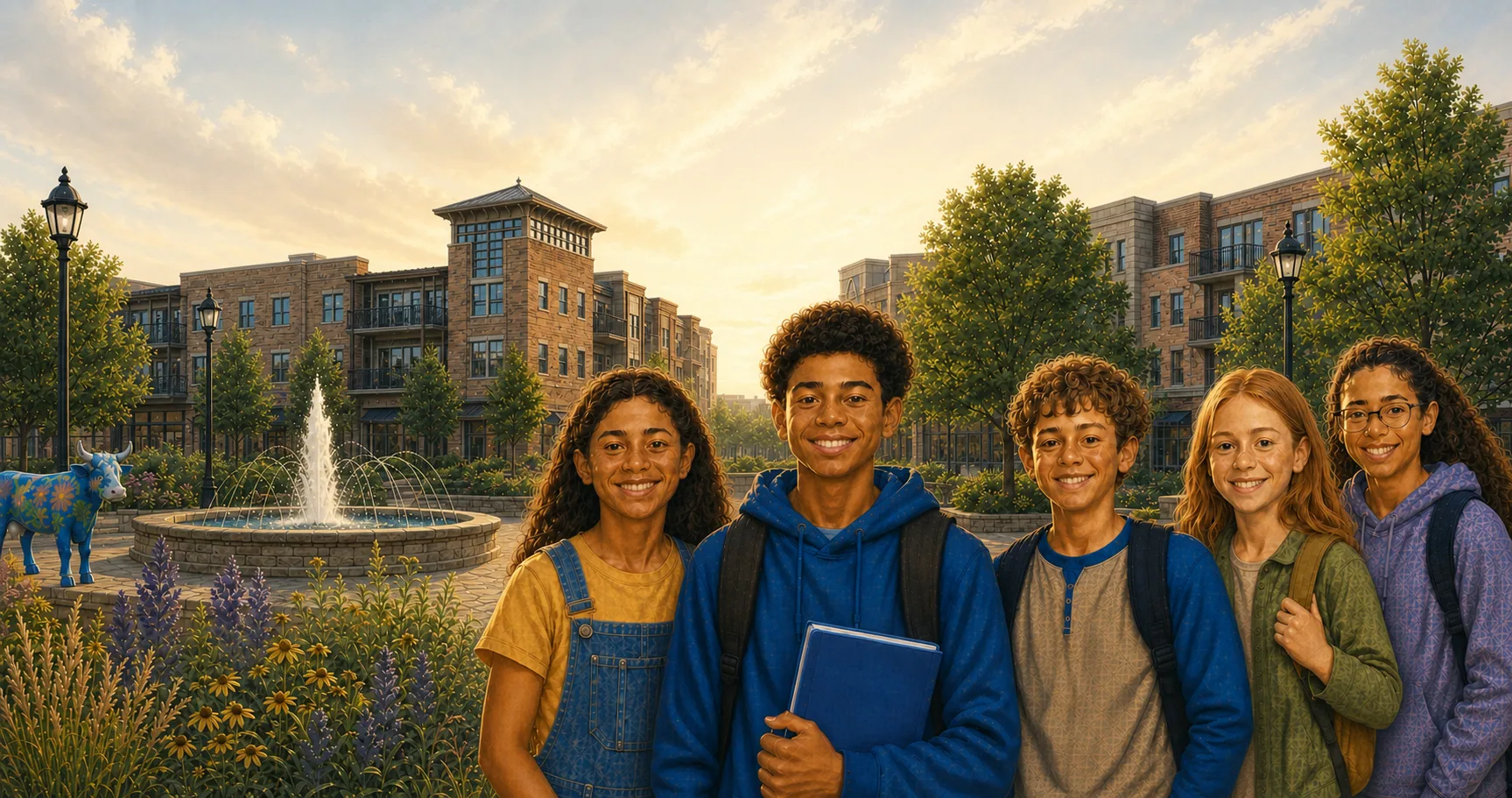 Five students smiling in Cannery Square surrounded by prairie flowers, the fountain, and downtown Sun Prairie buildings