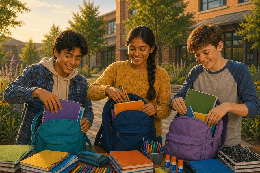 Three students packing backpacks with school supplies for local children