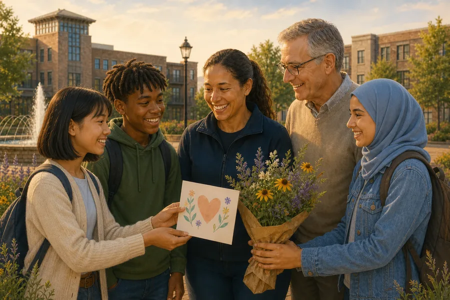Students presenting a thank-you card and prairie flowers to two local community heroes