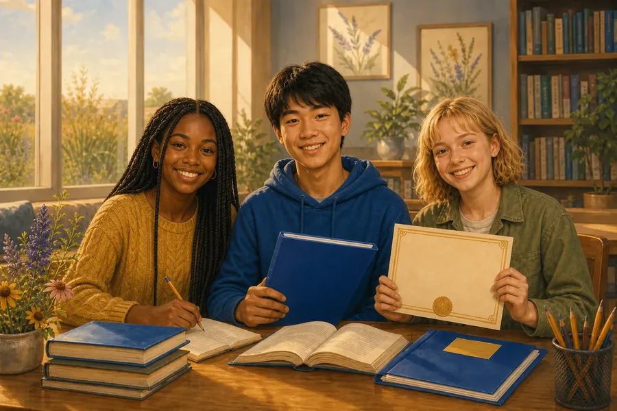Three students learning together with books, a scholarship folder, and an award certificate